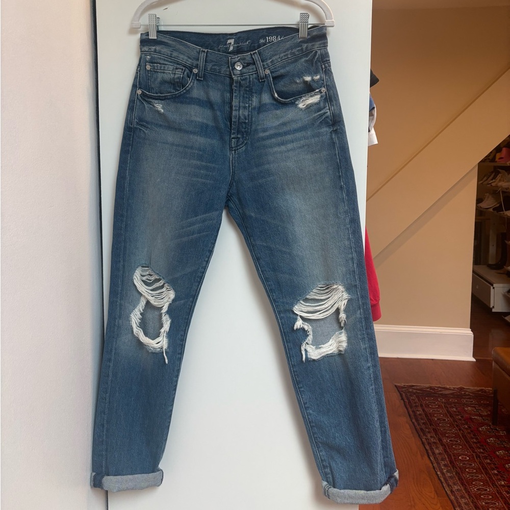 7 For All Mankind Blue Boyfriend Distressed Jeans